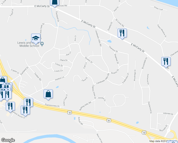 map of restaurants, bars, coffee shops, grocery stores, and more near 323 Carl Lane in Jefferson City