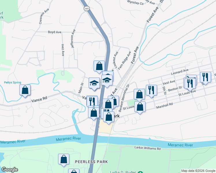 map of restaurants, bars, coffee shops, grocery stores, and more near 26 Ann Avenue in Valley Park