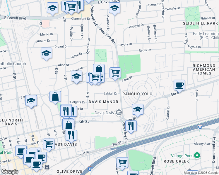 map of restaurants, bars, coffee shops, grocery stores, and more near 1850 East 8th Street in Davis