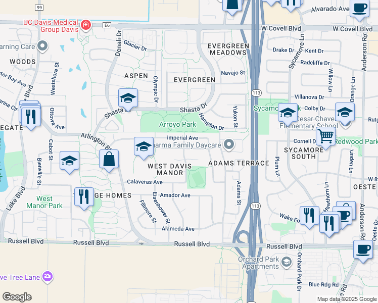 map of restaurants, bars, coffee shops, grocery stores, and more near 1834 Humboldt Avenue in Davis