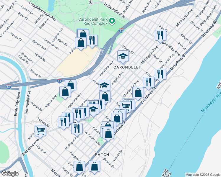 map of restaurants, bars, coffee shops, grocery stores, and more near 7200 Virginia Avenue in Saint Louis