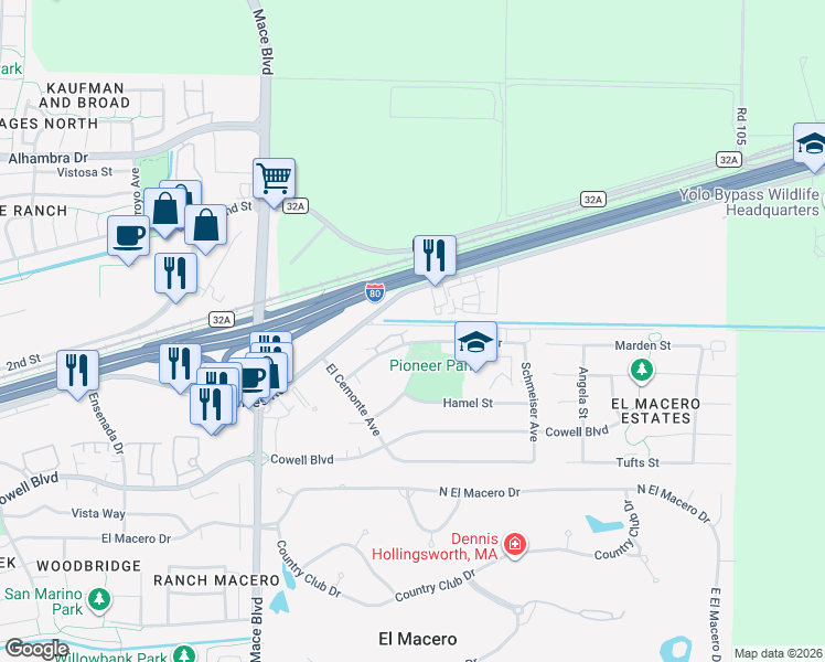 map of restaurants, bars, coffee shops, grocery stores, and more near 5060 Chiles Road in Davis