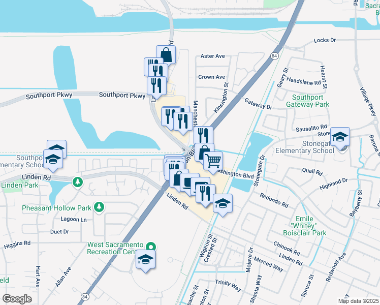map of restaurants, bars, coffee shops, grocery stores, and more near Jefferson Blvd & Lake Washington Blvd in West Sacramento
