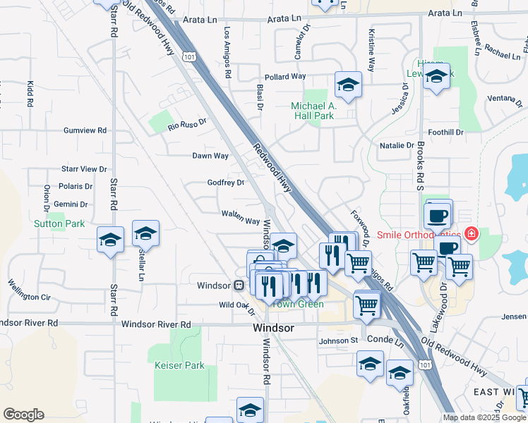 map of restaurants, bars, coffee shops, grocery stores, and more near in Windsor