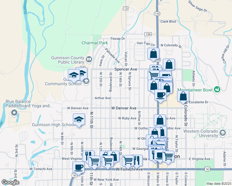 map of restaurants, bars, coffee shops, grocery stores, and more near 800 North Boulevard Street in Gunnison