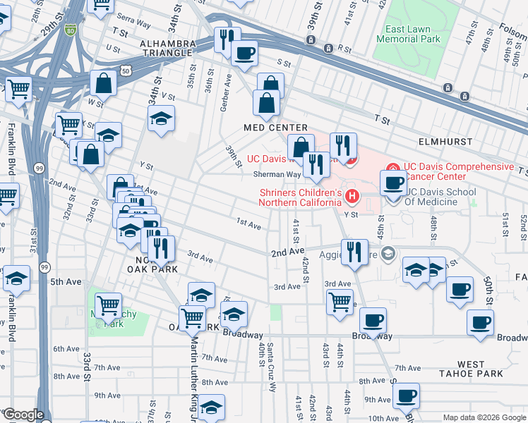 map of restaurants, bars, coffee shops, grocery stores, and more near 3930 Y Street in Sacramento