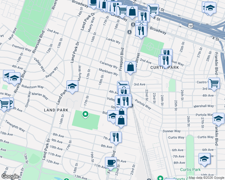 map of restaurants, bars, coffee shops, grocery stores, and more near 2801 19th Street in Sacramento