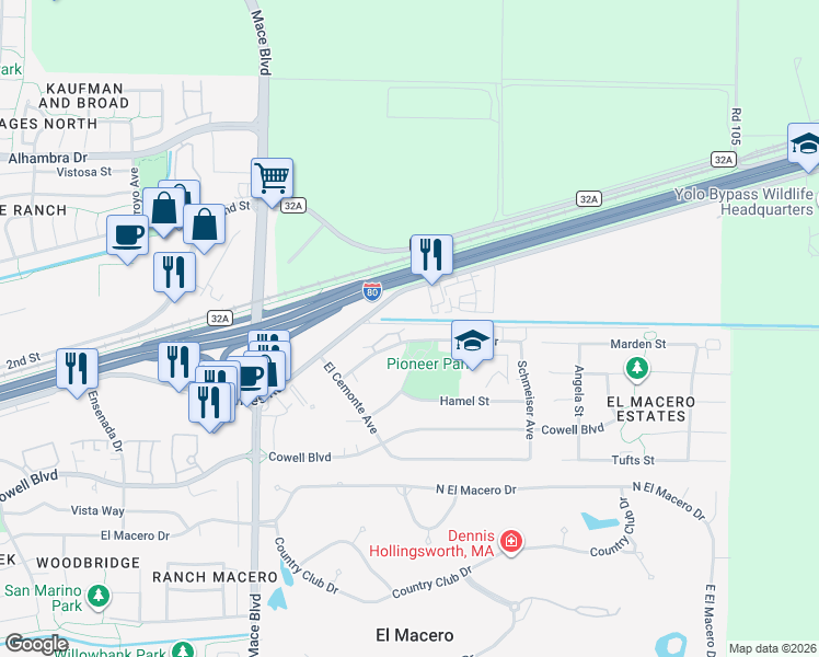 map of restaurants, bars, coffee shops, grocery stores, and more near 5060 Chiles Road in Davis