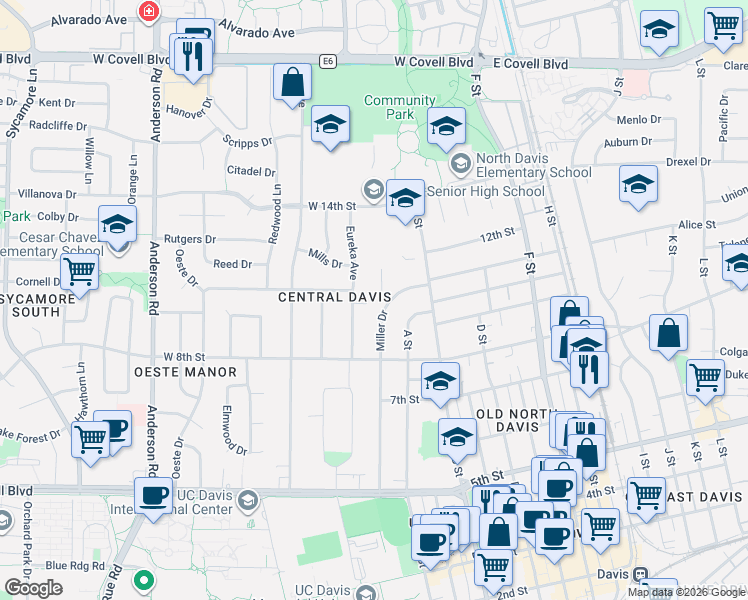 map of restaurants, bars, coffee shops, grocery stores, and more near 1011 Ovejas Avenue in Davis