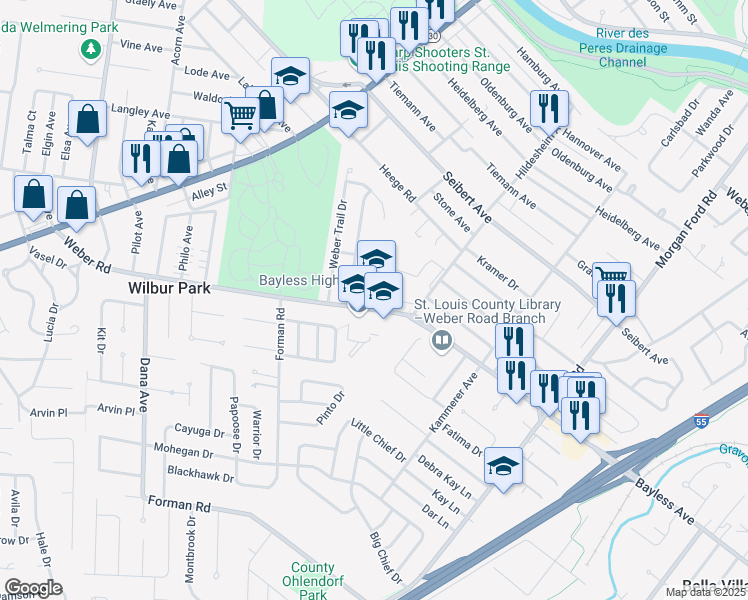 map of restaurants, bars, coffee shops, grocery stores, and more near 4531 Weber Road in St. Louis