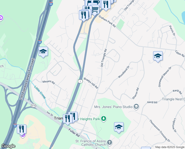 map of restaurants, bars, coffee shops, grocery stores, and more near 4016 Bradys Hill Road in Triangle