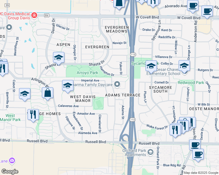 map of restaurants, bars, coffee shops, grocery stores, and more near 1706 Humboldt Avenue in Davis