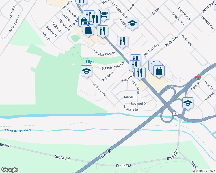 map of restaurants, bars, coffee shops, grocery stores, and more near 141 Blue Water Lane in Cahokia