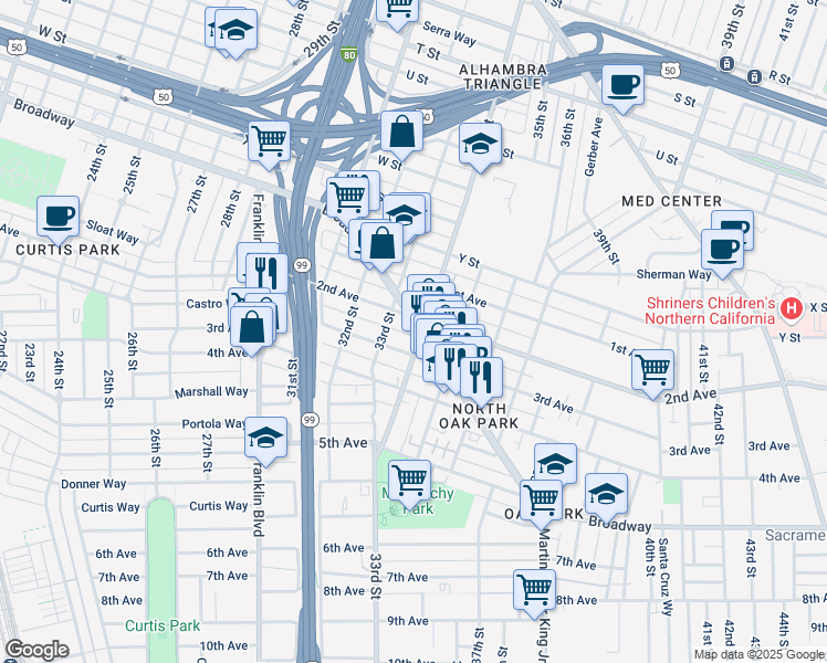 map of restaurants, bars, coffee shops, grocery stores, and more near 3318 Broadway in Sacramento