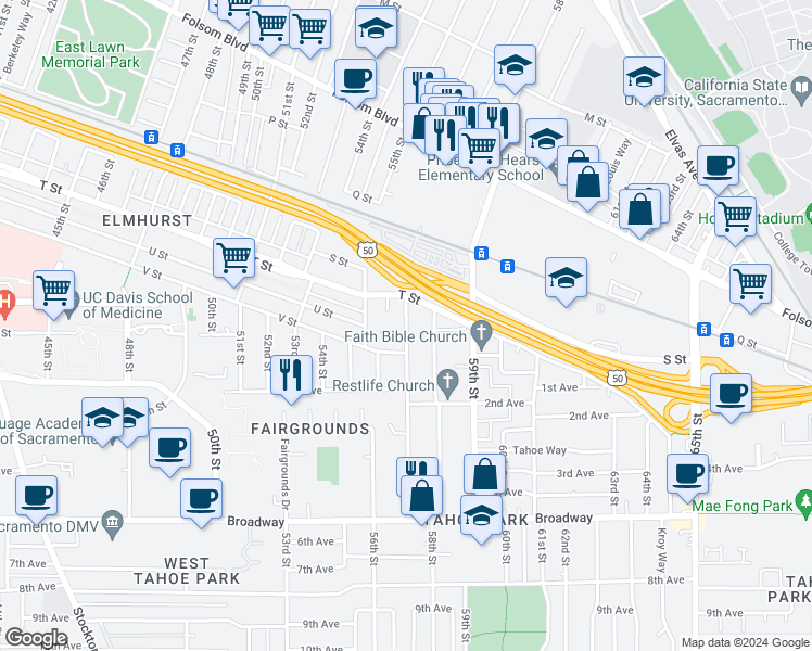 map of restaurants, bars, coffee shops, grocery stores, and more near 2100 57th St in Sacramento