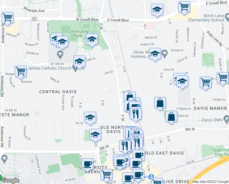 map of restaurants, bars, coffee shops, grocery stores, and more near 581 9th Street in Davis