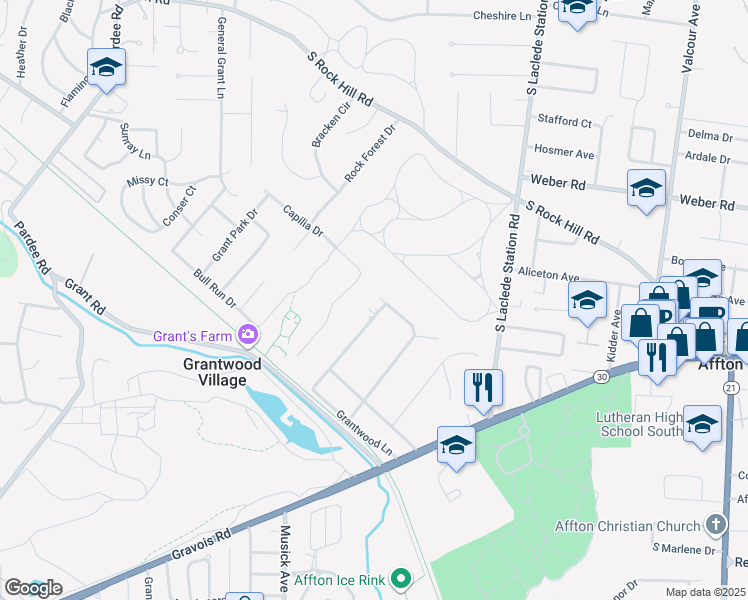 map of restaurants, bars, coffee shops, grocery stores, and more near 37 Grantwood Lane in St. Louis