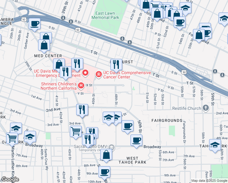 map of restaurants, bars, coffee shops, grocery stores, and more near 2450 48th Street in Sacramento
