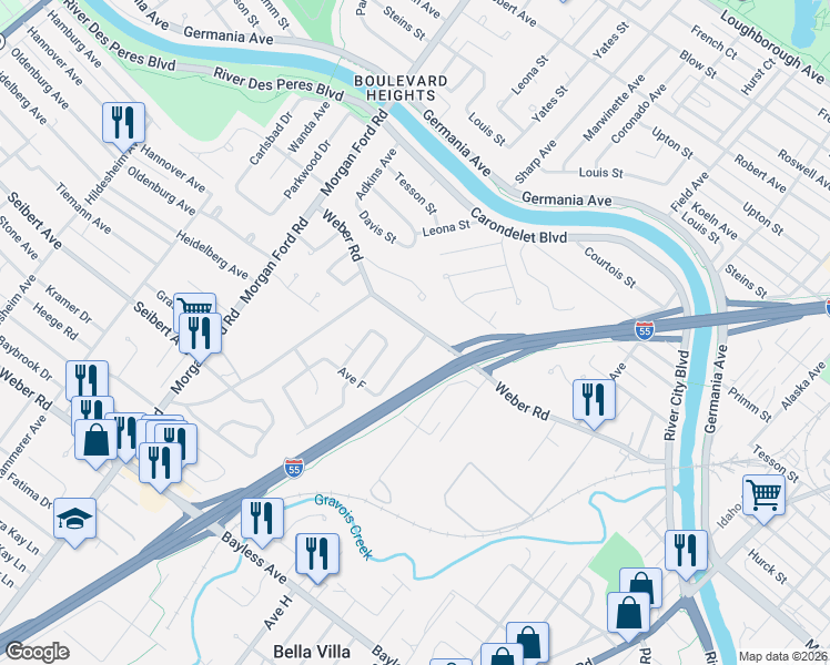 map of restaurants, bars, coffee shops, grocery stores, and more near 3962 Weber Road in St. Louis