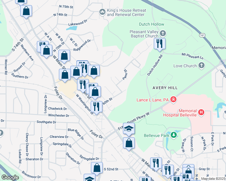 map of restaurants, bars, coffee shops, grocery stores, and more near 6011 West B Street in Belleville