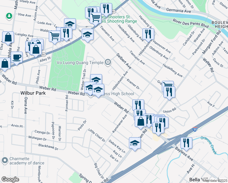 map of restaurants, bars, coffee shops, grocery stores, and more near 4689 Baybrook Drive in St. Louis
