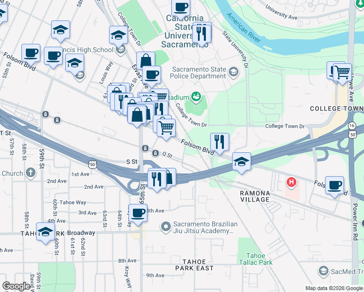 map of restaurants, bars, coffee shops, grocery stores, and more near 6901 Folsom Boulevard in Sacramento