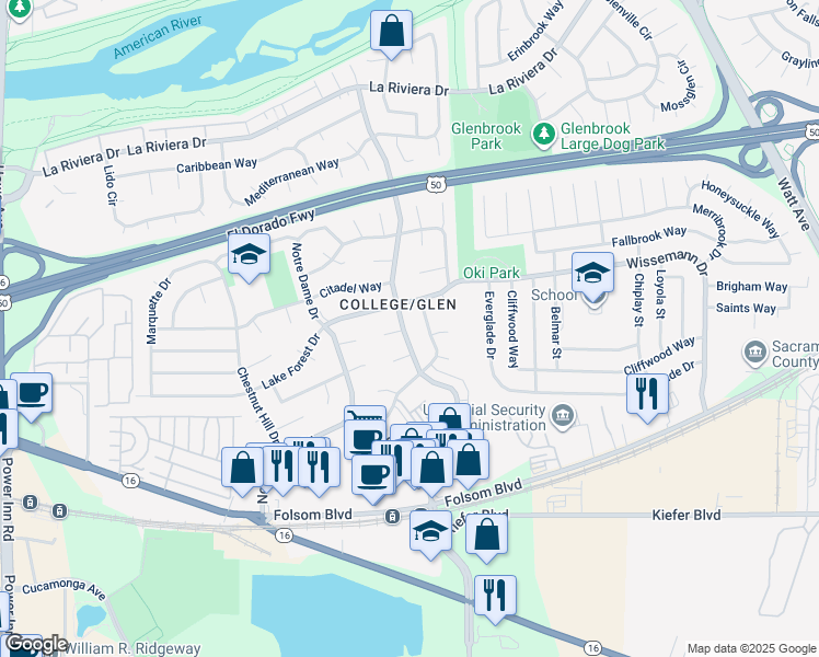 map of restaurants, bars, coffee shops, grocery stores, and more near 2817 Occidental Drive in Sacramento