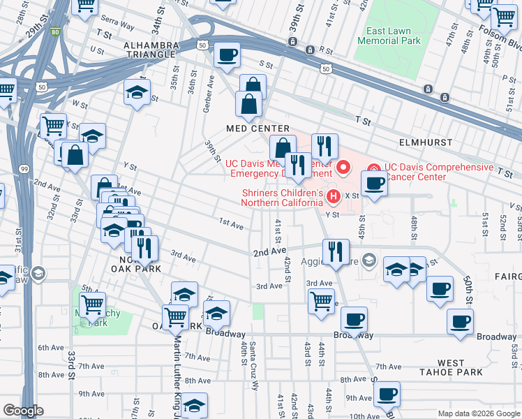 map of restaurants, bars, coffee shops, grocery stores, and more near 2483 San Jose Way in Sacramento