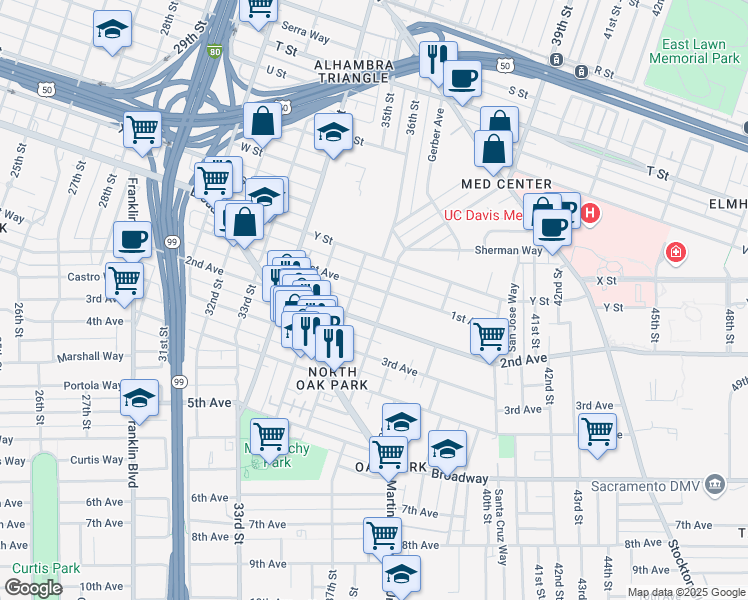 map of restaurants, bars, coffee shops, grocery stores, and more near 3632 1st Avenue in Sacramento