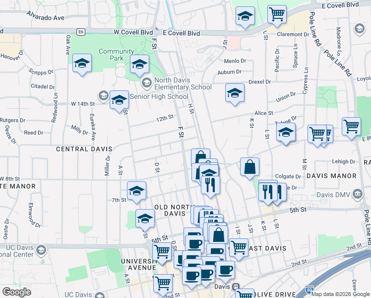 map of restaurants, bars, coffee shops, grocery stores, and more near 803 9th Street in Davis