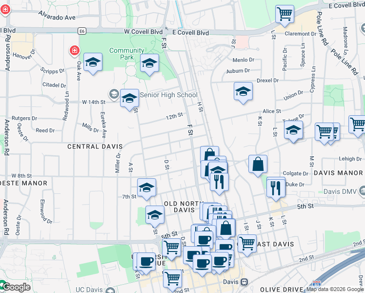 map of restaurants, bars, coffee shops, grocery stores, and more near 979 F Street in Davis
