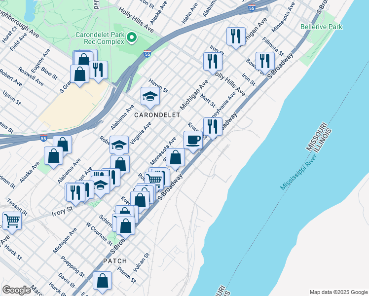 map of restaurants, bars, coffee shops, grocery stores, and more near 6909 Pennsylvania Avenue in St. Louis