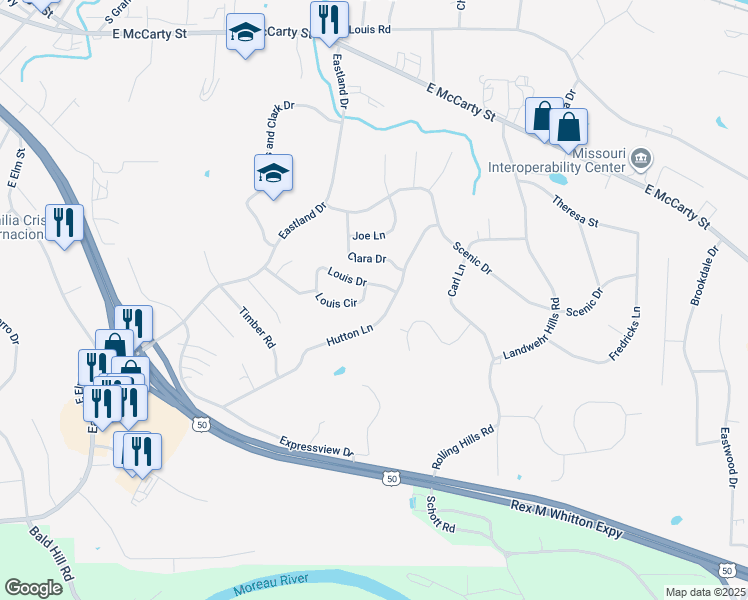 map of restaurants, bars, coffee shops, grocery stores, and more near 2148 Louis Dr in Jefferson City