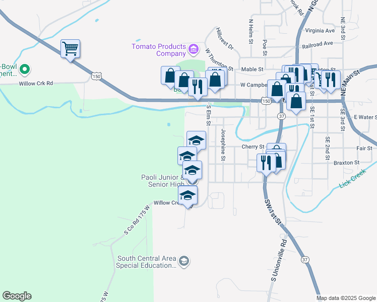 map of restaurants, bars, coffee shops, grocery stores, and more near 301 South Elm Street in Paoli