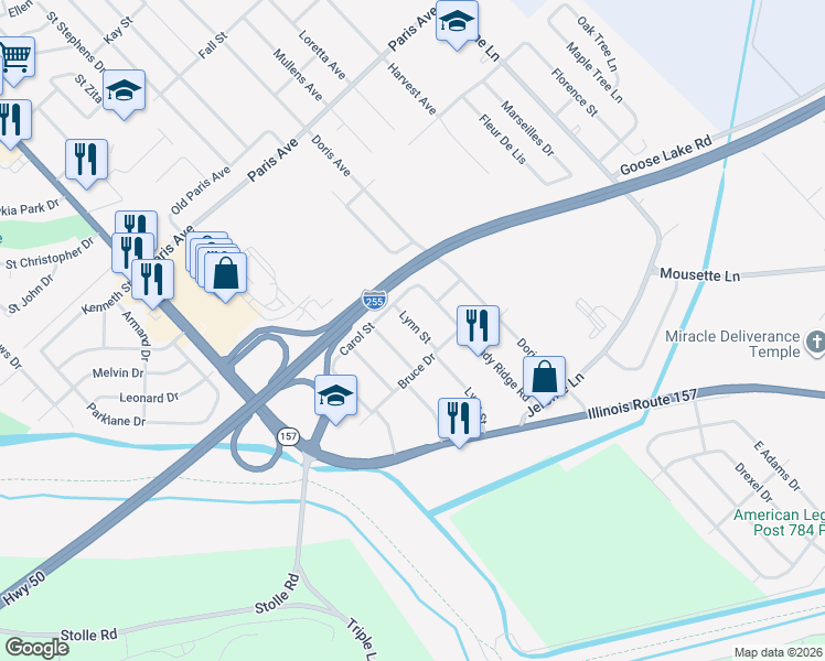 map of restaurants, bars, coffee shops, grocery stores, and more near 2011 Lynn Street in Cahokia