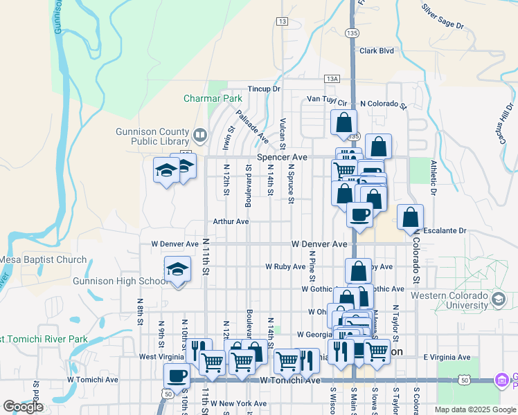 map of restaurants, bars, coffee shops, grocery stores, and more near 800 North Boulevard Street in Gunnison
