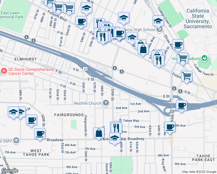 map of restaurants, bars, coffee shops, grocery stores, and more near 5831 U Street in Sacramento