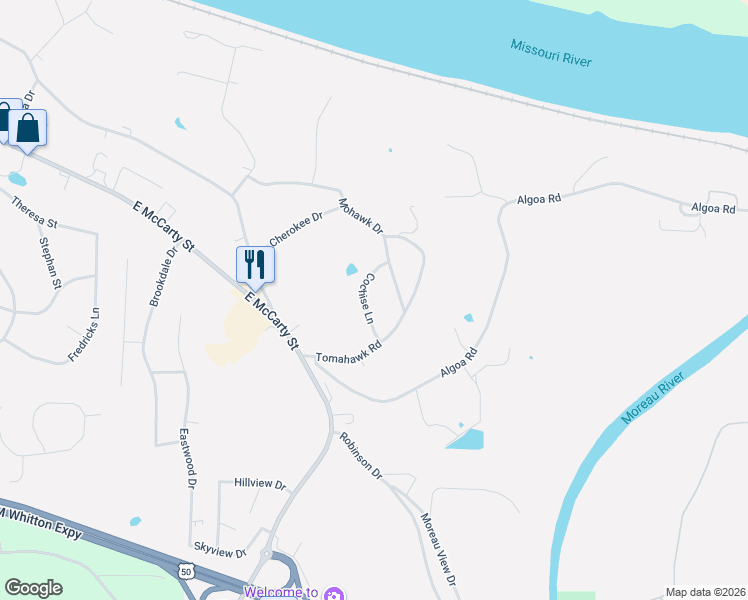 map of restaurants, bars, coffee shops, grocery stores, and more near 2921 Cochise Ln in Jefferson City