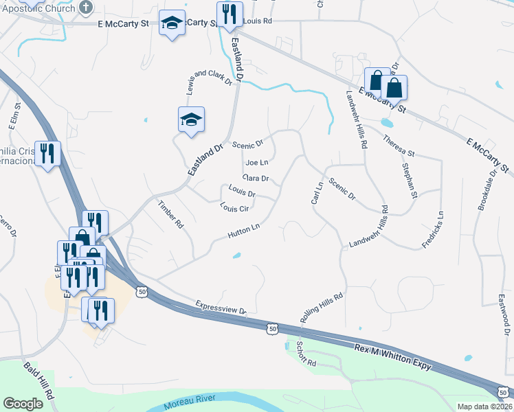 map of restaurants, bars, coffee shops, grocery stores, and more near 2127 Louis Drive in Jefferson City