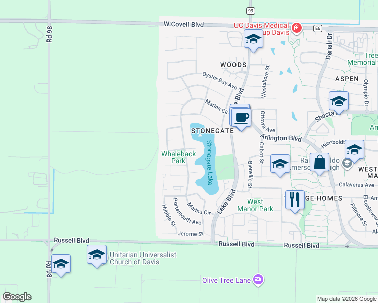 map of restaurants, bars, coffee shops, grocery stores, and more near 3122 Beacon Bay Place in Davis
