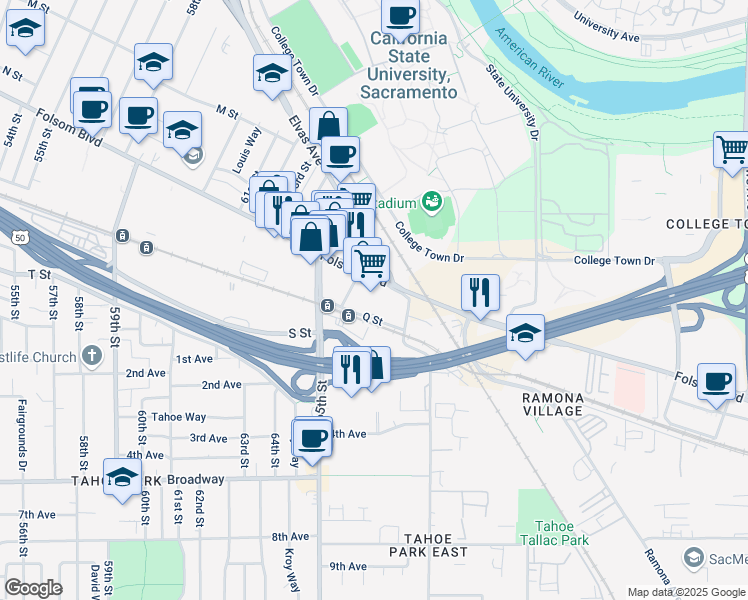 map of restaurants, bars, coffee shops, grocery stores, and more near 6758 Folsom Boulevard in Sacramento