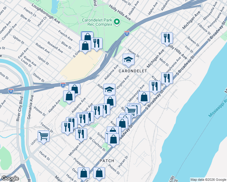 map of restaurants, bars, coffee shops, grocery stores, and more near 7120 Virginia Avenue in St. Louis
