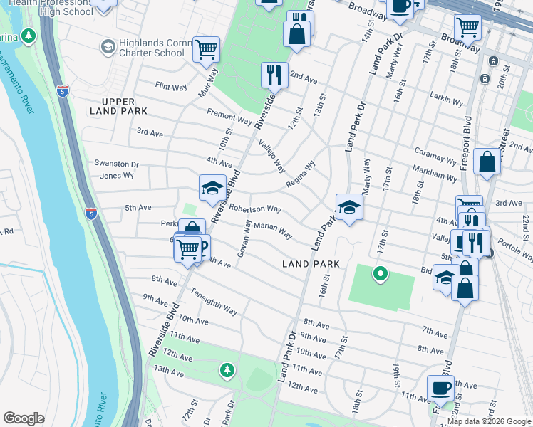 map of restaurants, bars, coffee shops, grocery stores, and more near 1220 Robertson Way in Sacramento