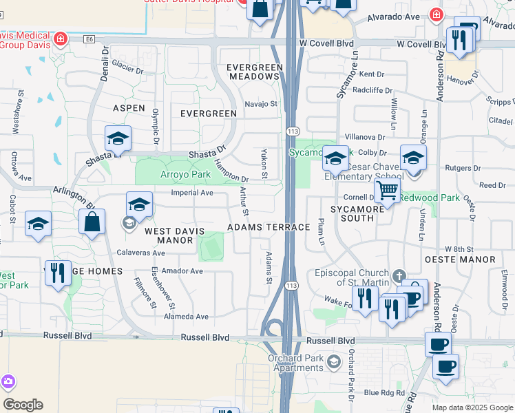 map of restaurants, bars, coffee shops, grocery stores, and more near 1607 Colusa Avenue in Davis