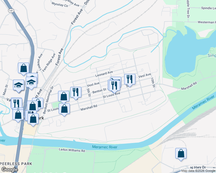 map of restaurants, bars, coffee shops, grocery stores, and more near 620 Benton Street in Valley Park
