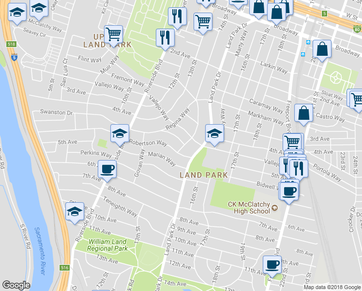 map of restaurants, bars, coffee shops, grocery stores, and more near 2950 14th Street in Sacramento