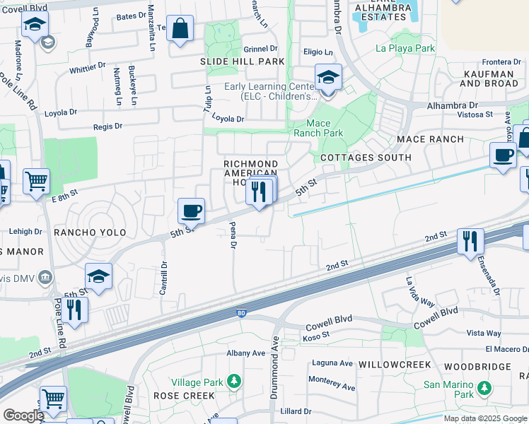 map of restaurants, bars, coffee shops, grocery stores, and more near 2732 5th Street in Davis
