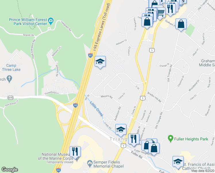 map of restaurants, bars, coffee shops, grocery stores, and more near 4199 Agency Loop in Triangle