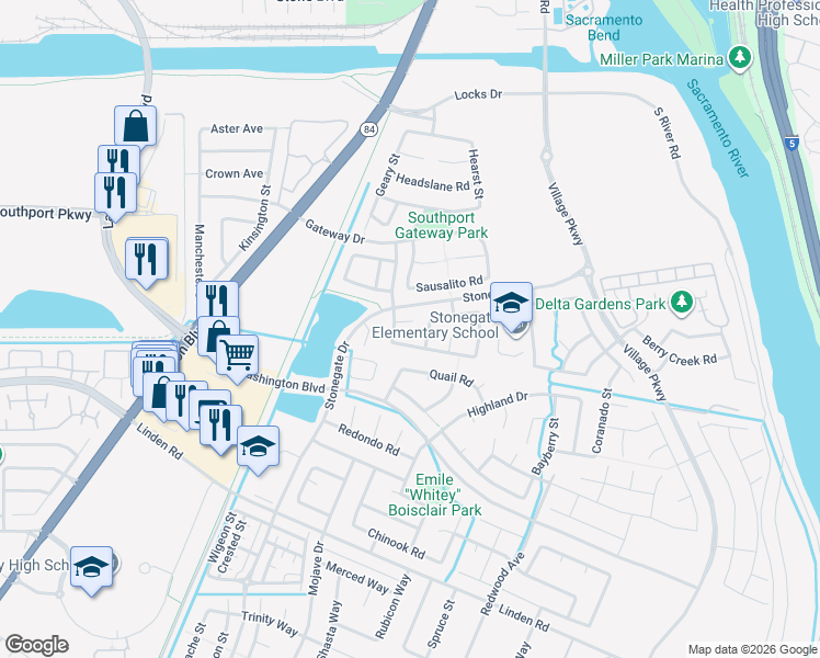map of restaurants, bars, coffee shops, grocery stores, and more near 1673 Grant Court in West Sacramento
