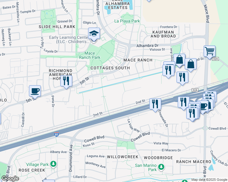 map of restaurants, bars, coffee shops, grocery stores, and more near 3703 Faraday Avenue in Davis